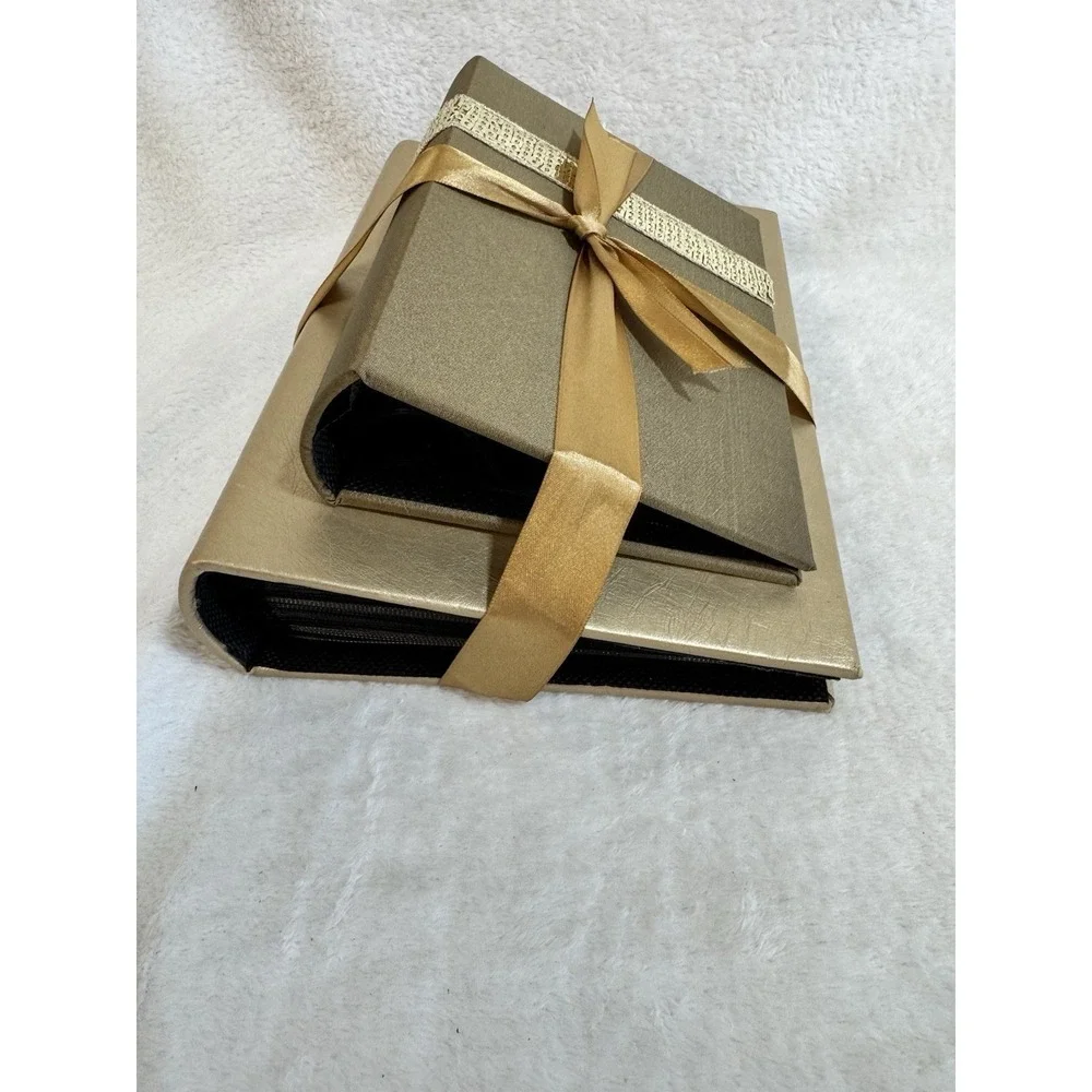 Unused 2-Piece Photo Album Set 4x6 Gold Champagne Ribbon Gift Ready